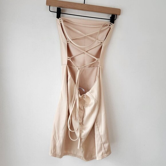 Lucy in the Sky Lulu Satin Lace-Up Dress Champagne Gold Mini Cocktail Women's M - Picture 4 of 8